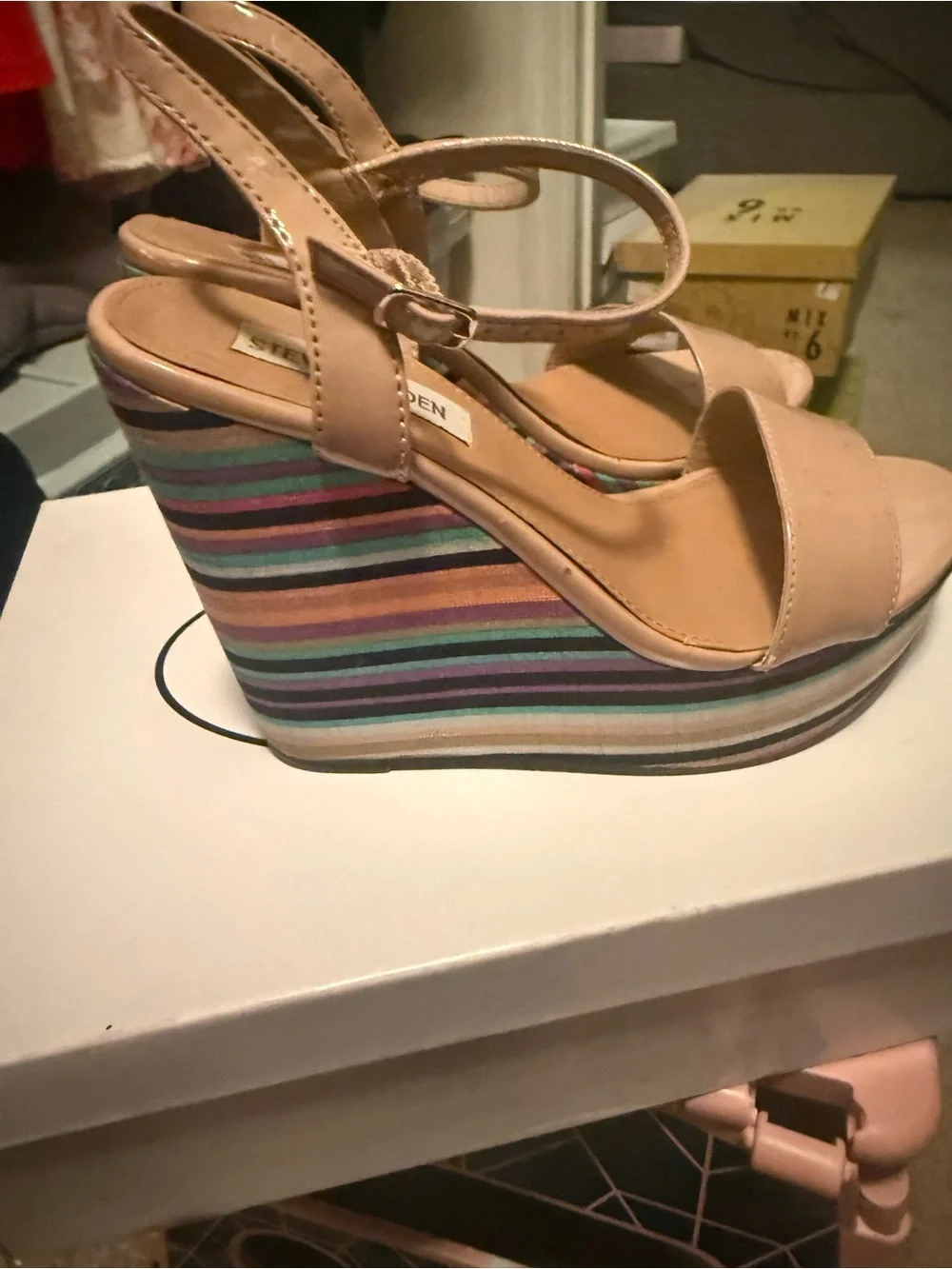 Steve Madden Nude Patent Strappy Wedges with Multi-Color Striped Platform